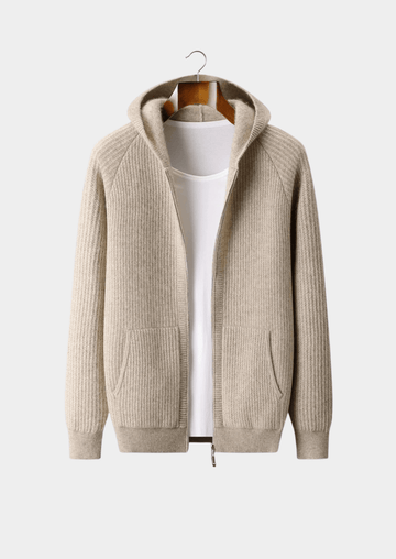 PURE EXTRA-FINE MERINO WOOL RIBBED ZIPPER HOODIE